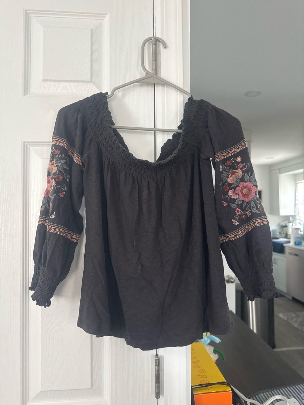 Women’s Black Peasant Top with Floral Embroidered Sleeves